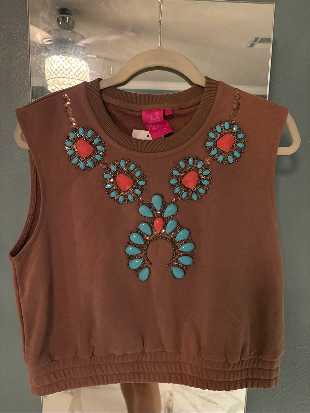 QUEEN OF SPARKLES Brown Muscle Tank with Turquoise and Coral Jewels